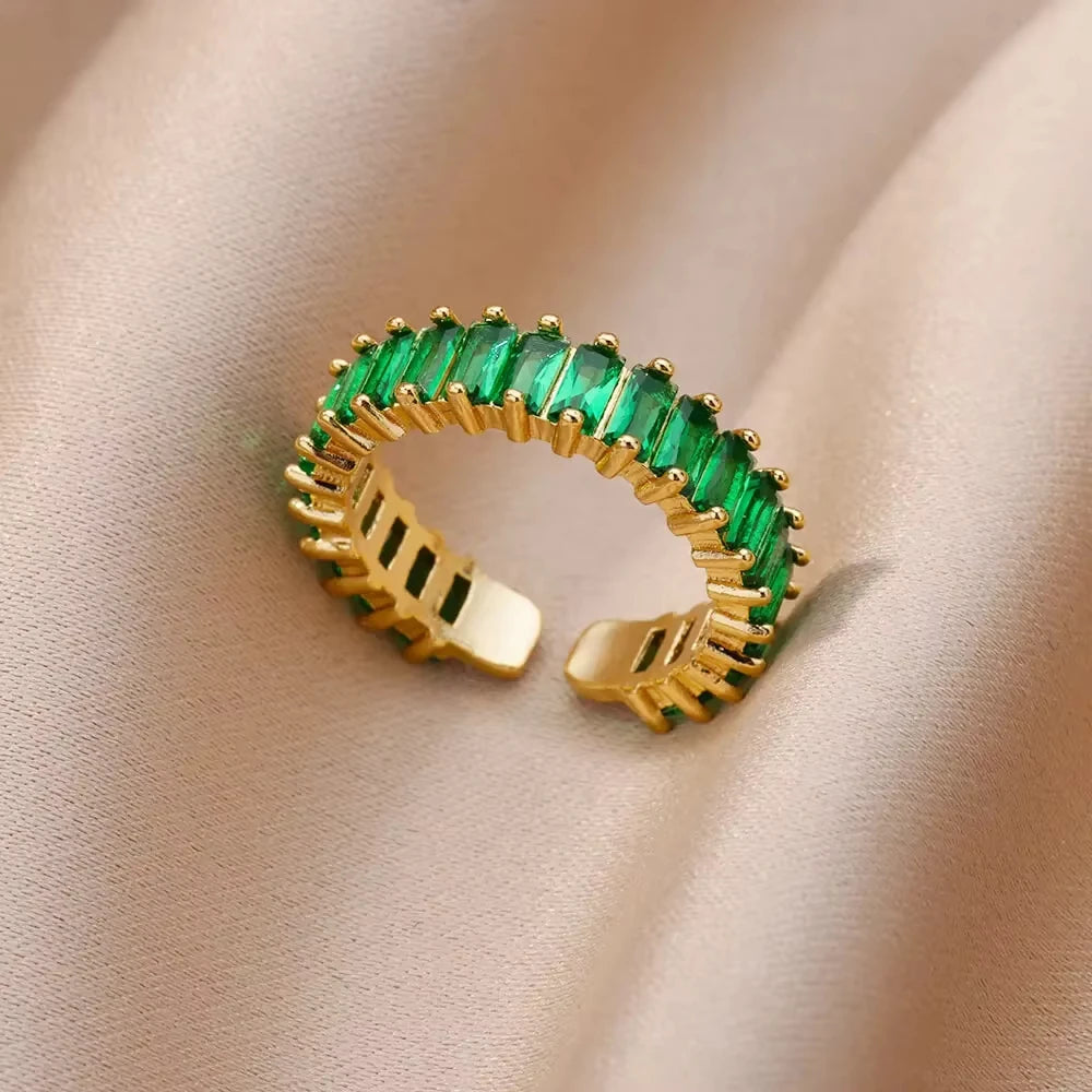 Luxury Stainless Steel Green Zircon Flower Rings For Women Snake Finger Ring Gold Plated Wedding Party Exquisite Jewelry New
