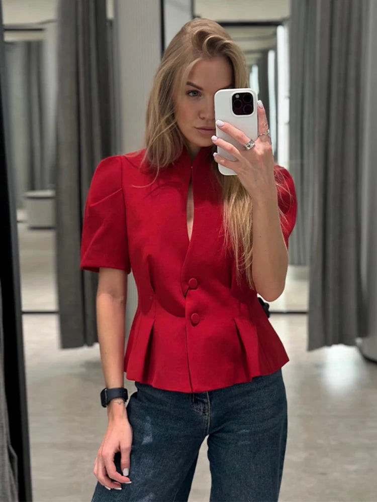 Elegant Ruffle Women's Coats Short Sleeve Hollow-out V-neck Female Jackets 2026 Summer Office Lady New Waist-cinching Lady Coat