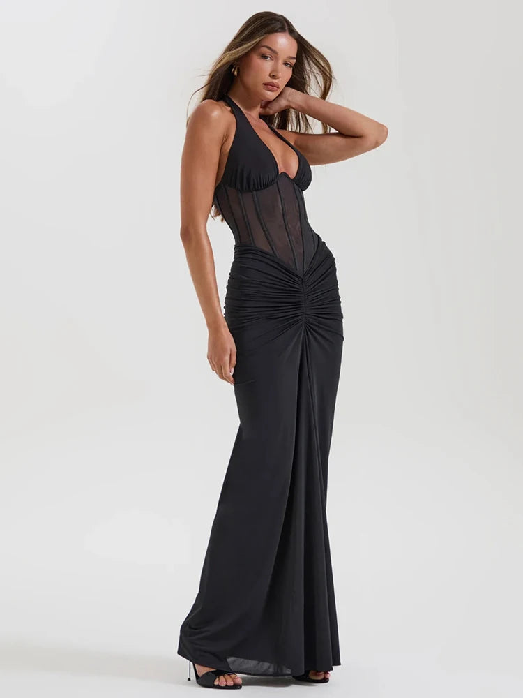 Articat Elegant Hanging Neck Elastic Tight Long Dress Women Sexy Deep V Slim Fishbone Party Club Evening Dress Fall New Vestidos