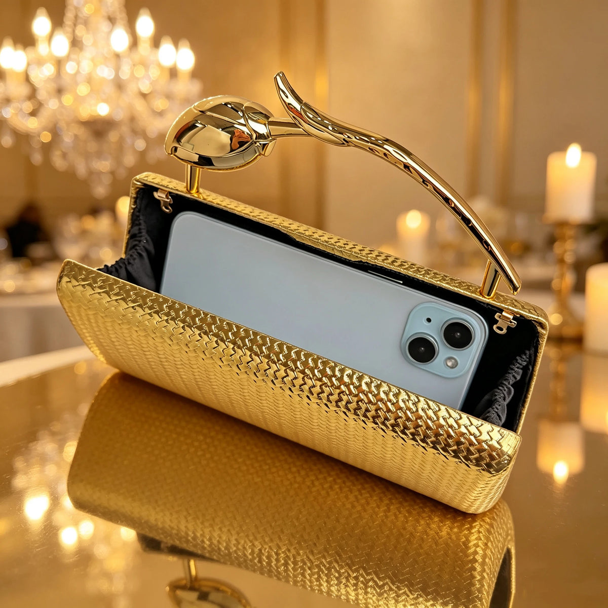 New Classic Gold Women's Evening Bag Luxury Party Chain Crossbody Bag with Rose Shaped Handle Wedding Clutch a Great Gift for Wo