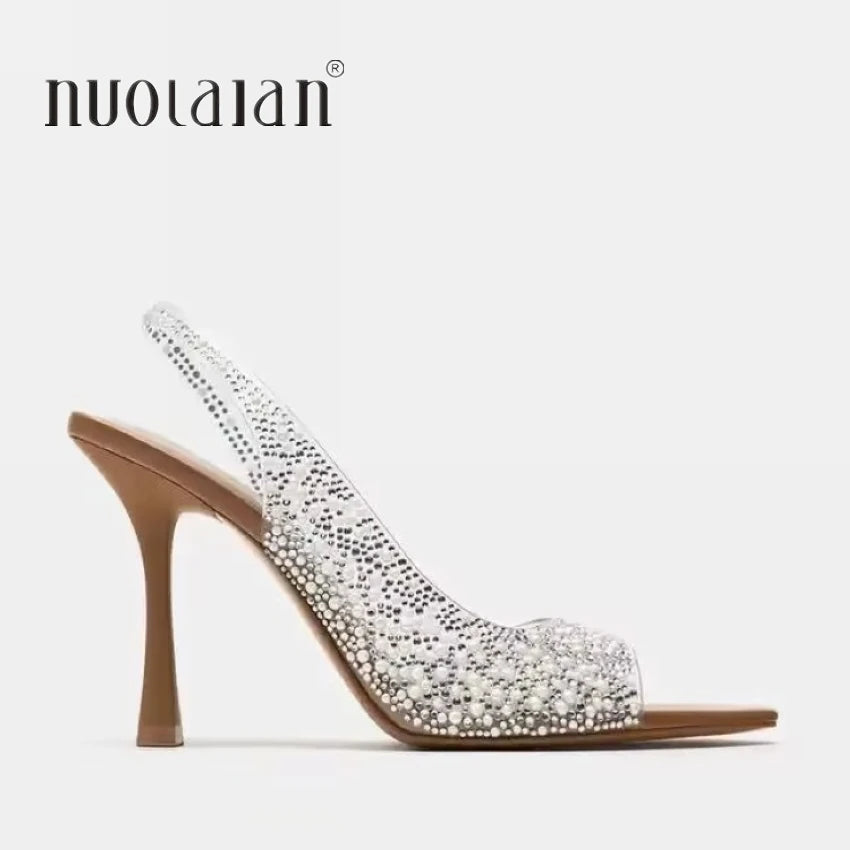 2025 Fashion Summer Women High Heels Pearl Decoration Slingback Woman Pumps Peep Toe High Heels Sandals Elegant Woman Shoes