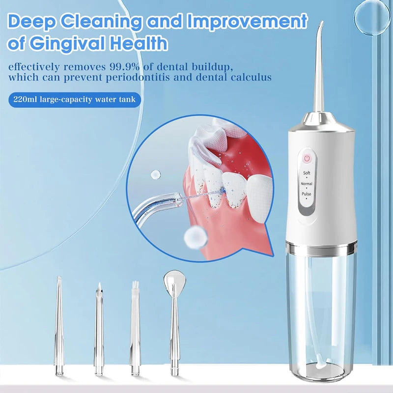Smart Electric Oral Irrigator w/4 Jet Tips and 3 Modes, Cordless USB Rechargeable, Portable for Deep Cleaning, Braces Care, New