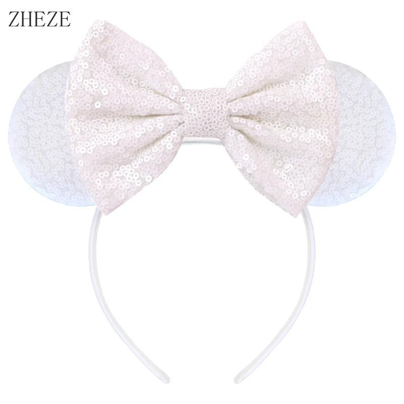 White Day Mouse Ears Headband With Veil Sequins 5"Bow Headwear For Women Festival Hairband Single Party DIY Hair Accessories