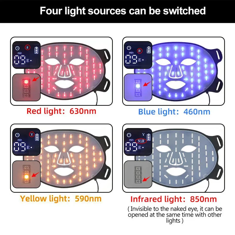 Portable Led Face Mask 4 Colors Red Light Therapy Face Mask 850NM Near Infrared Red Light Photon Therapy Skin Care Face Mask