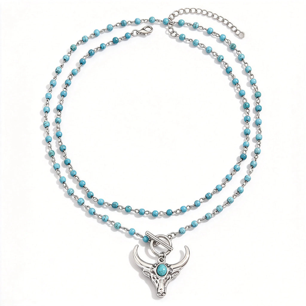 Layered Turquoise Bead Necklace for Women Western Bull Skull Pendant Double Chain Toggle Clasp Vintage Boho Neck Jewelry