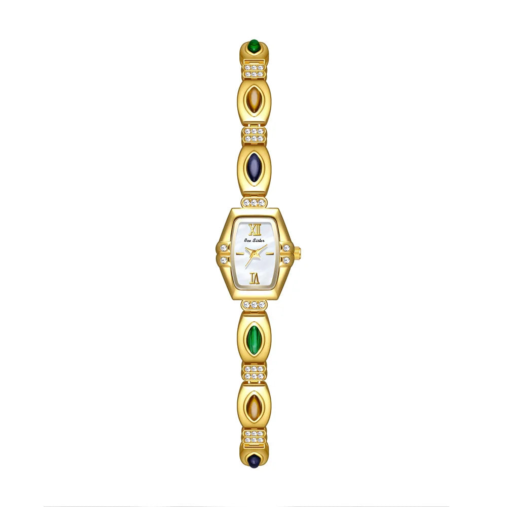 NEW Retro Luxury Women's Watches with Colored Gemstones Barrel-Shaped Small Dial Bracelet-Style Quartz Wristwatch for Women
