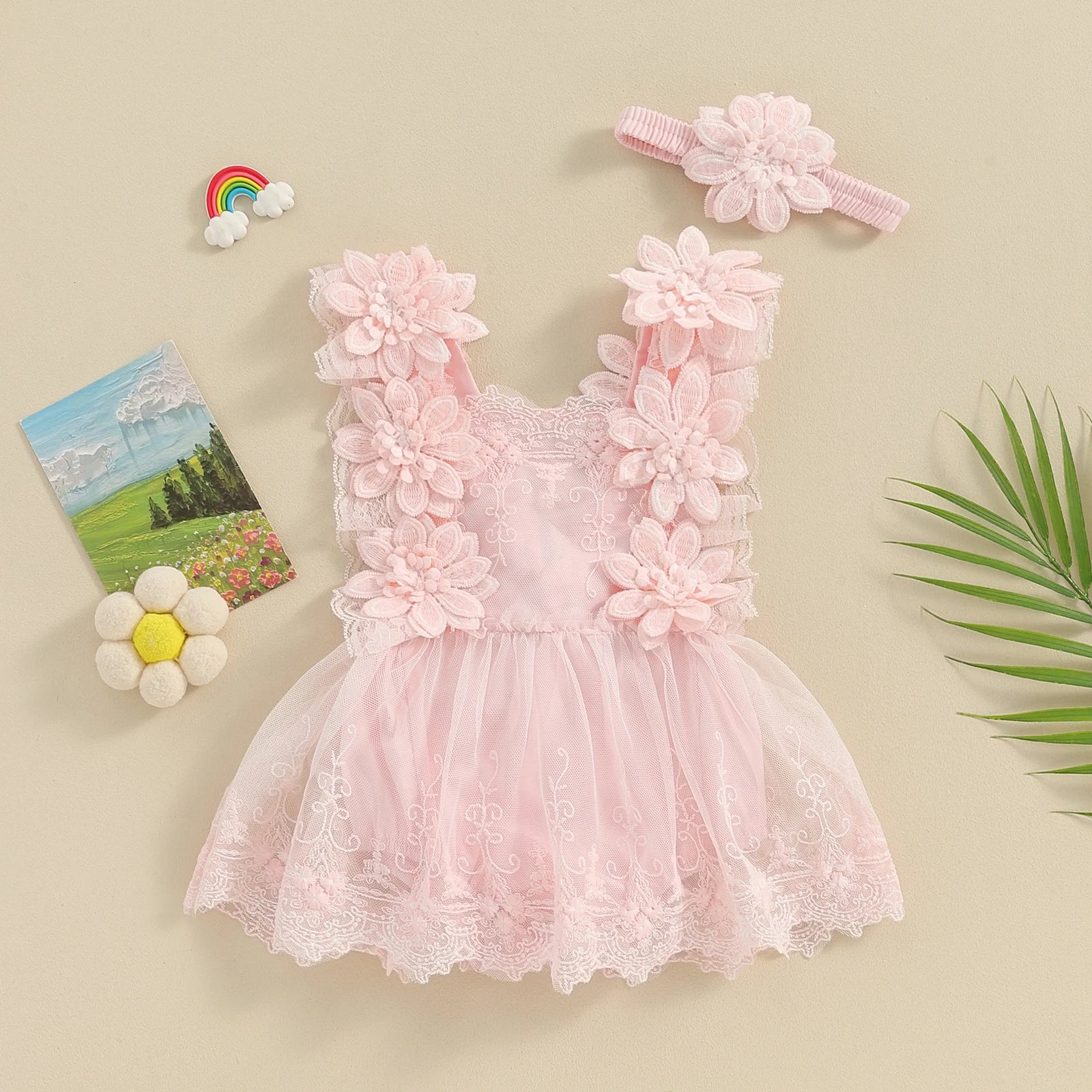 Pudcoco Infant Baby Girls Romper, Summer Sleeveless Square Neck Floral Lace Casual Party Street Bodysuit Tops + Head Band 0-18M