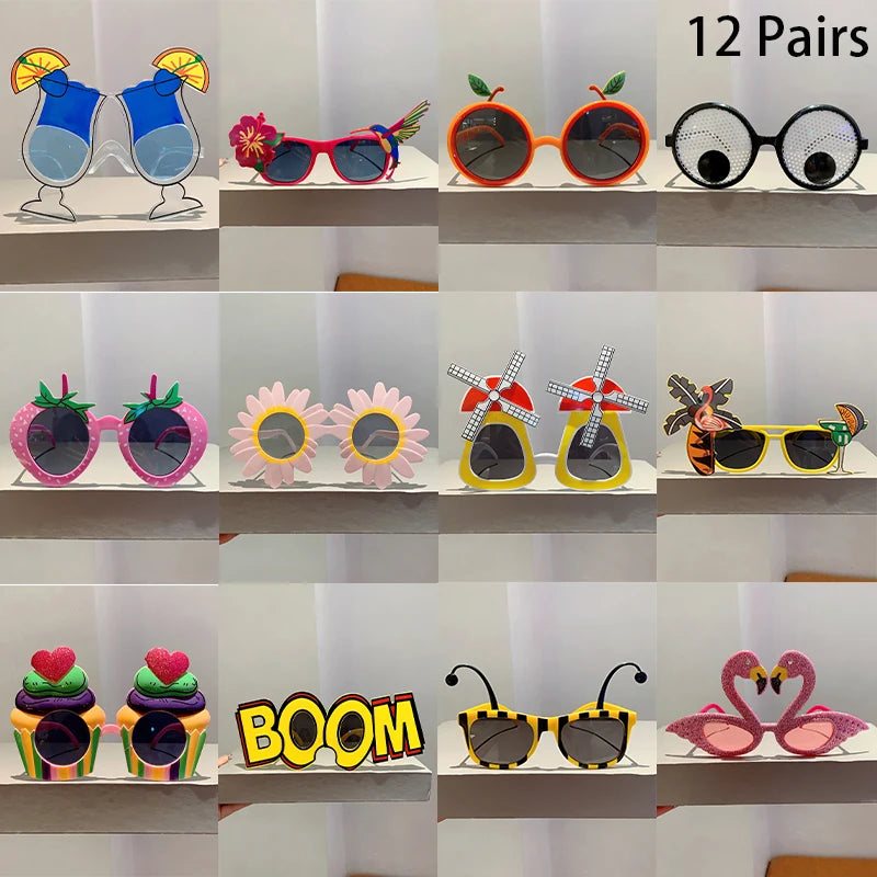 12 Pairs Per Set Cute Beach Sunglasses 2025 Men Funny Summer Vacation Decorative Shades Women Fashion Design Rave Sun Glasses