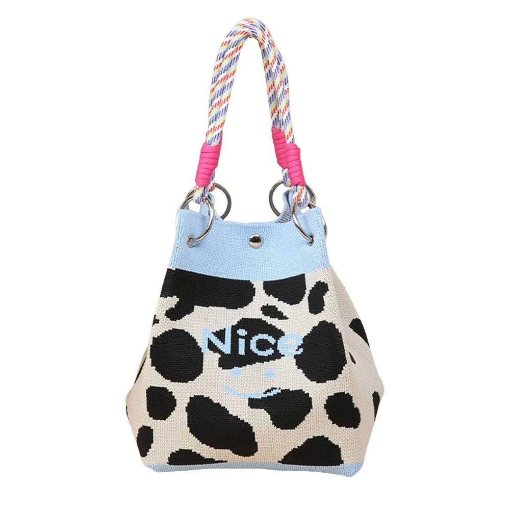Cute Cartoon Knitted Bucket Bag Handmade Woven Ring Buckle Wrist Bag Large Capacity Tote Bag for Women Girls