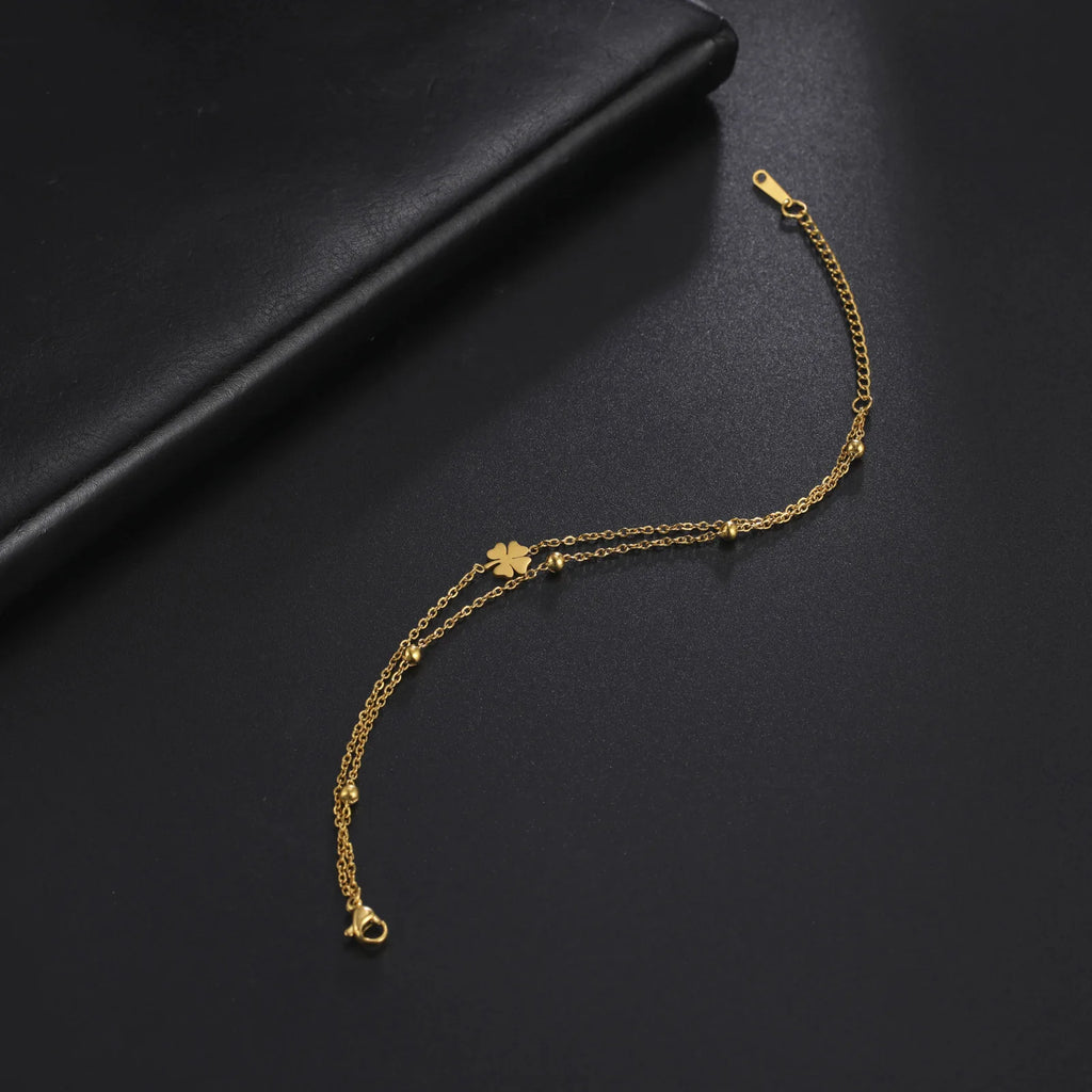 Skyrim Foot Chain of Women Men Silver Color Four-leaf Clover Stainless Steel Anklet Simple Beads Fashion Jewelry Accessories New