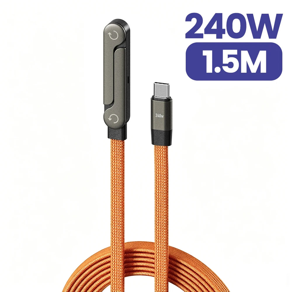 240W 2-in-1 Type C to USB C Fast Charging Data Cable Foldable Phone Holder Type C Fast Charging cabo For iPhone 17 Black/Orange