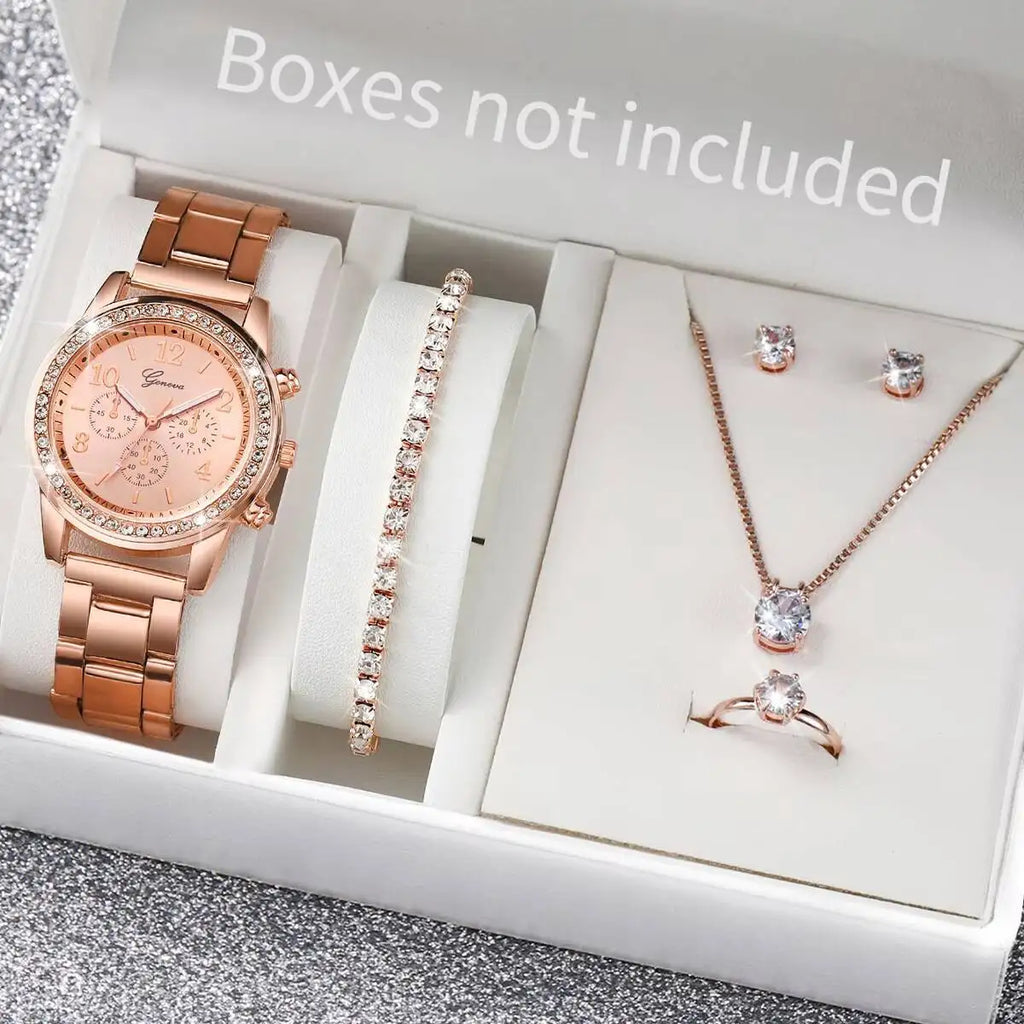 6PCS/Set Fashion Rhinestone Women Watches Analog Quartz Wrist Watch Jewelry Set Relogio Feminino（Without Box）