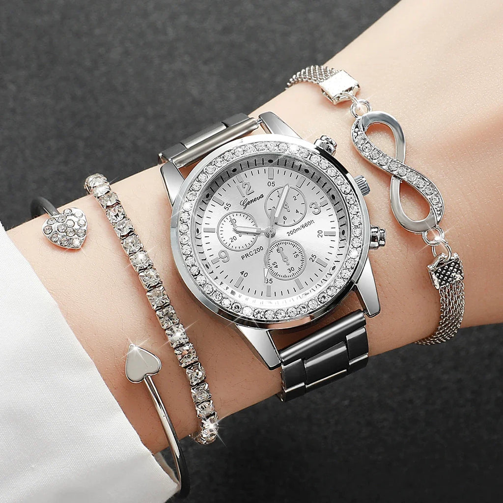 4PCS/Set Fashion Rhinestone Women Watches Luxury Steel Band Ladies Quartz Watch Bracelets Set Reloj Mujer（Without Box）