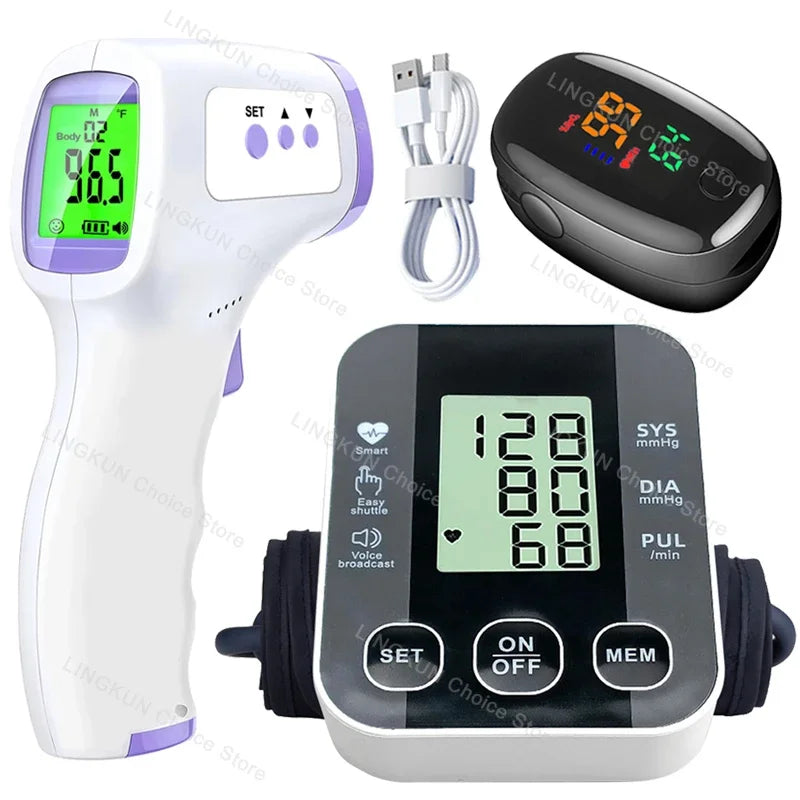 Medical Arm Blood Pressure Meter Tensiometers Tonometer Cuff Fever Thermometer Oximeter Heart Rate 3 IN 1 Set