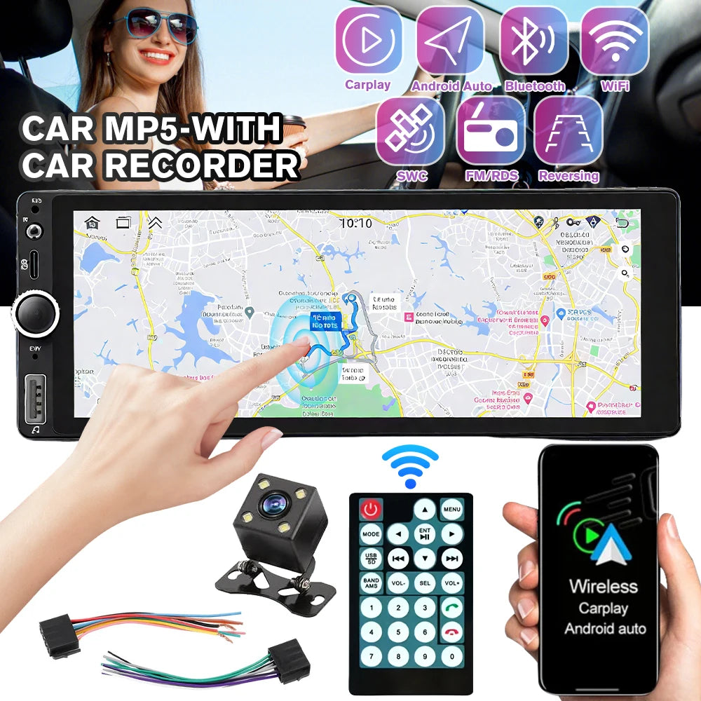 6.86 Inch Double Din Car Stereo Wireless Carplay Android Auto Car MP5 Player Touch Screen Car Radio with Type-C USB FM RDS Bluetooth Steering Wheel Control Rear View Camera