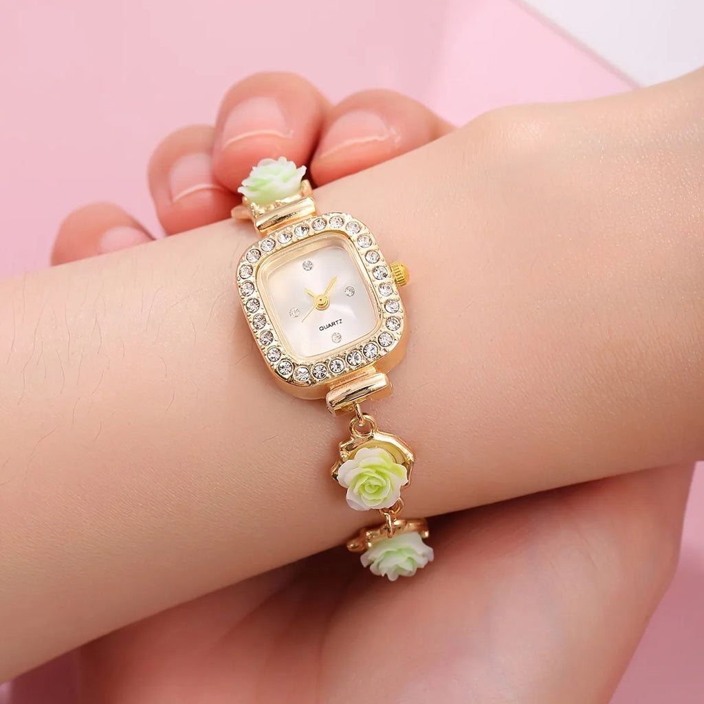 4PCS Elegant Flowers Women Watch Jewelry Set Fashion Rhinestone Square Ladies Quartz Wristwatches Accessories Gifts（Without Box）