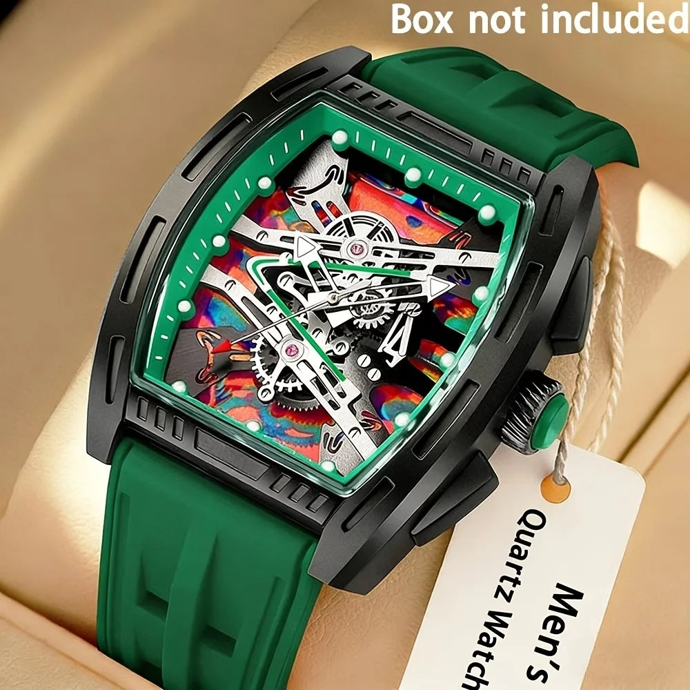 Fashion Tonneau Skeleton Dial Men Quartz Watch Casual Silicone Strap Analog Sport Wristwatches Relogio Masculino（Without Box）