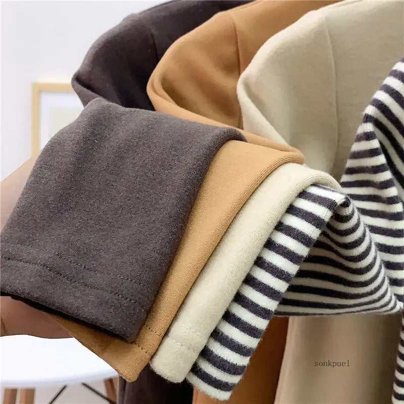 Autumn Winter Baby Boy Girl Solid Long Sleeve Bottoming Shirt Children Turtleneck Casual Tshirt Kid Striped Top Clothes