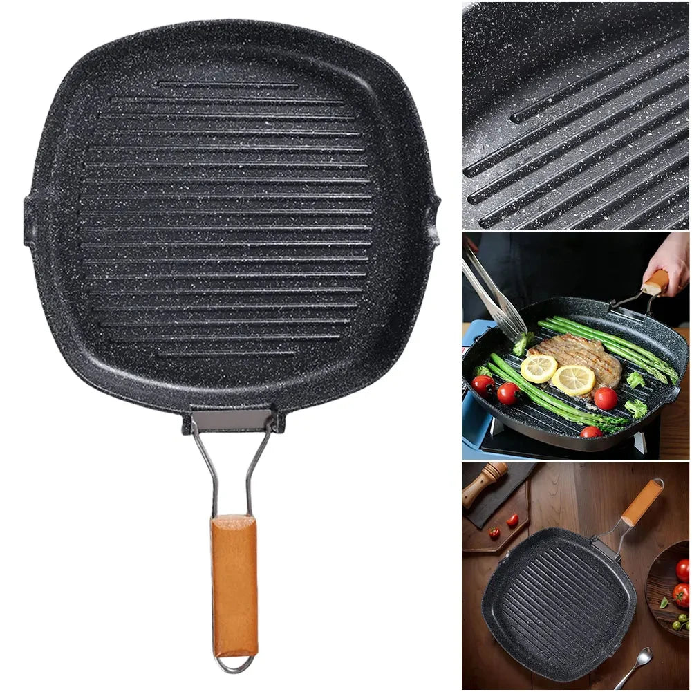 Foldable Portable Outdoor Grill Pan - Anti-Scald Wooden Handle, Double-Sided Steak Pan for Picnic, No Lid