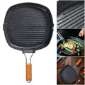 Foldable Portable Outdoor Grill Pan - Anti-Scald Wooden Handle, Double-Sided Steak Pan for Picnic, No Lid