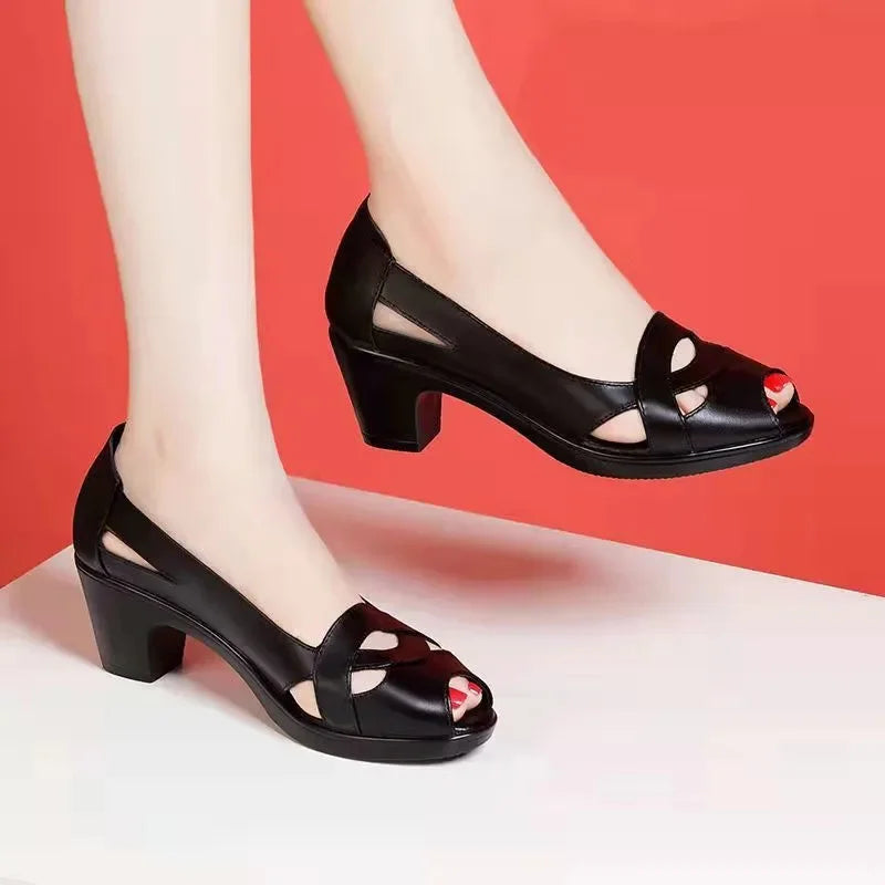 Cresfimix Zapatos De Mujer Women Fashion Black Hollow Out Comfort Spring Summer Slip on Square Heel Shoes Office Pumps A1172