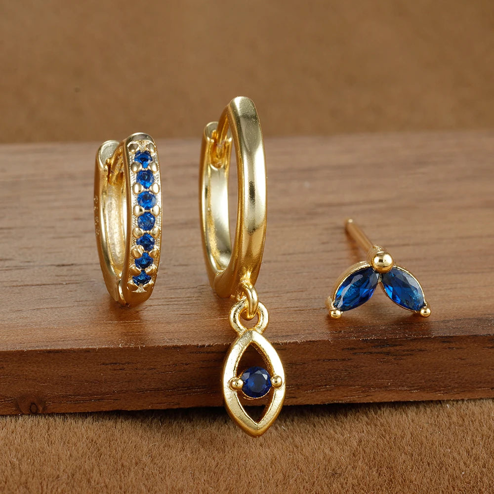 3pcs Stainless Steel Blue Zircon Evil Eye Hoop Earrings Set For Women 18K Gold Plated Cartilage Piercing Earring Fashion Jewelry