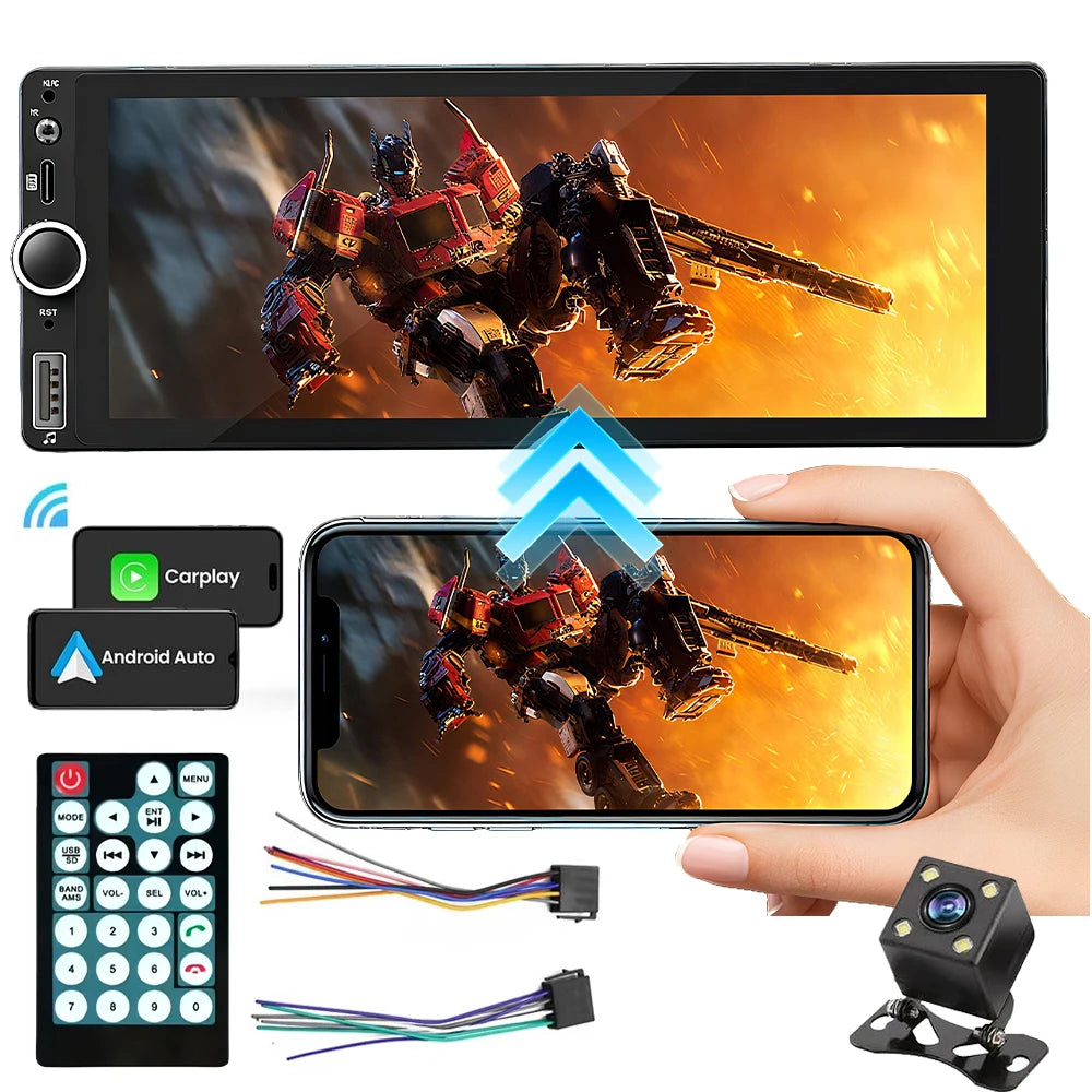 6.86 Inch Double Din Car Stereo Wireless Carplay Android Auto Car MP5 Player Touch Screen Car Radio with Type-C USB FM RDS Bluetooth Steering Wheel Control Rear View Camera