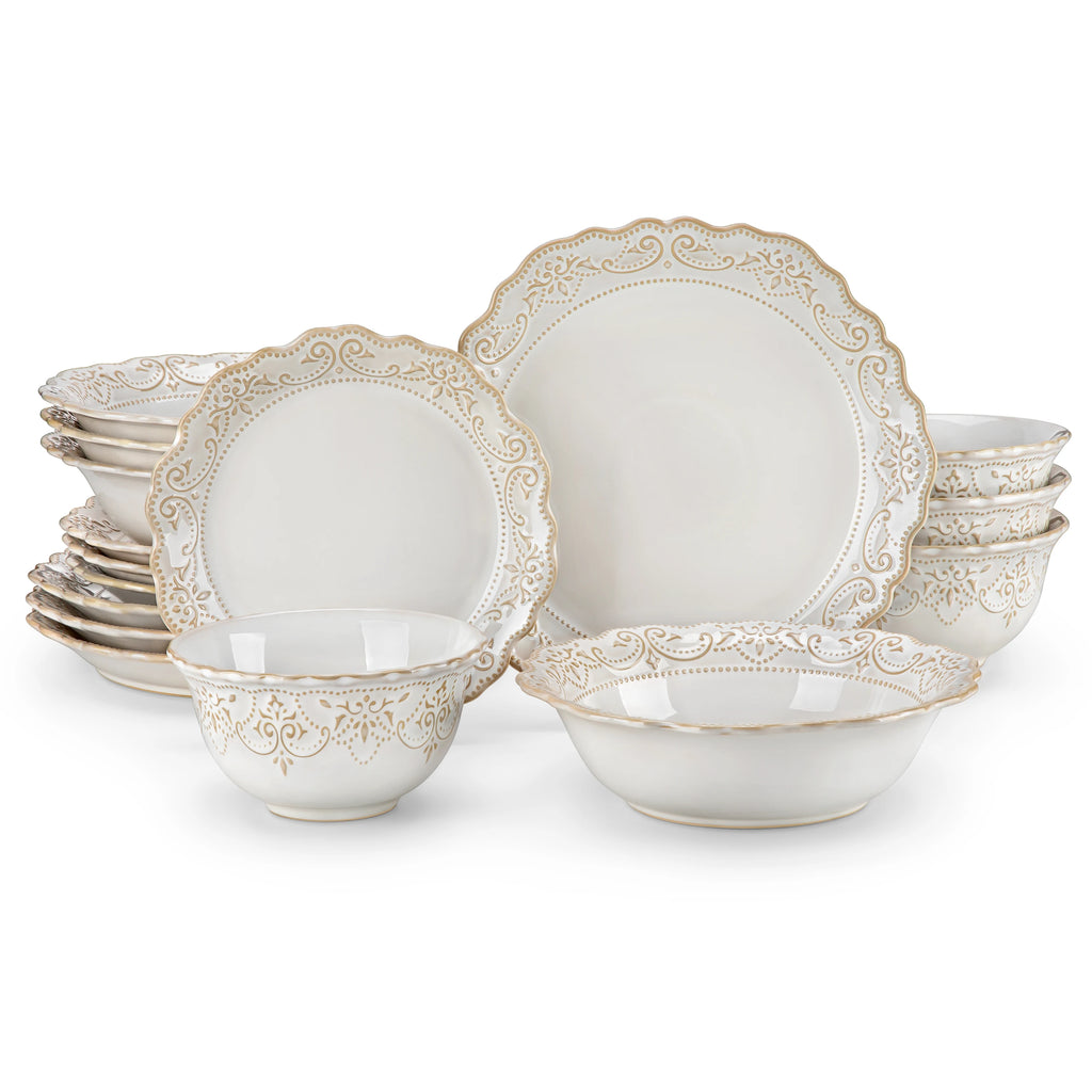 MALACASA 16/32 Piece Plates Dinner Sets Relief White Stoneware Dinnerware Set with 4 PCS Dinner Plate/Dessert/Cereal Bowl/Soup