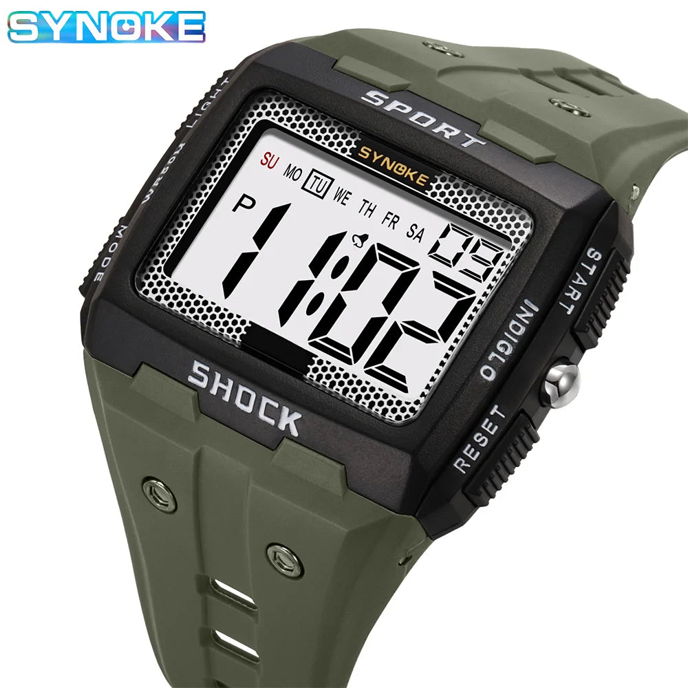 SYNOKE New For Men Sports Electronic Watch Waterproof Night Glow Large Screen Square Outdoor Running Camping Student Watch