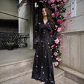 2025 Autumn Elegant Printed Satin Long Dress Women Slim Lace Up V-neck Full Sleeve Pleat Dresses Lady Party Evening Robes New