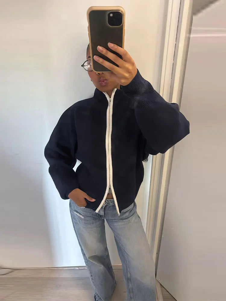 Zip Up Jacket Contrast White Zipper Long Sleeve Loose Cropped Bomber Coat 2026 winter Autumn Casual Streetwear Women  Outerwear
