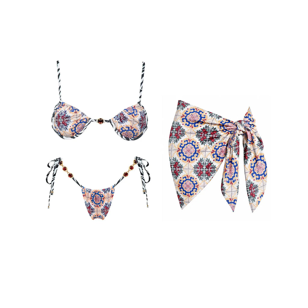 Push Up 2026 New Retro Prints 3 Pieces Bikinis Sets With Mesh Pants Beachwear Sexy Women's Swimsuit Cover-ups Strappy Beach Wear
