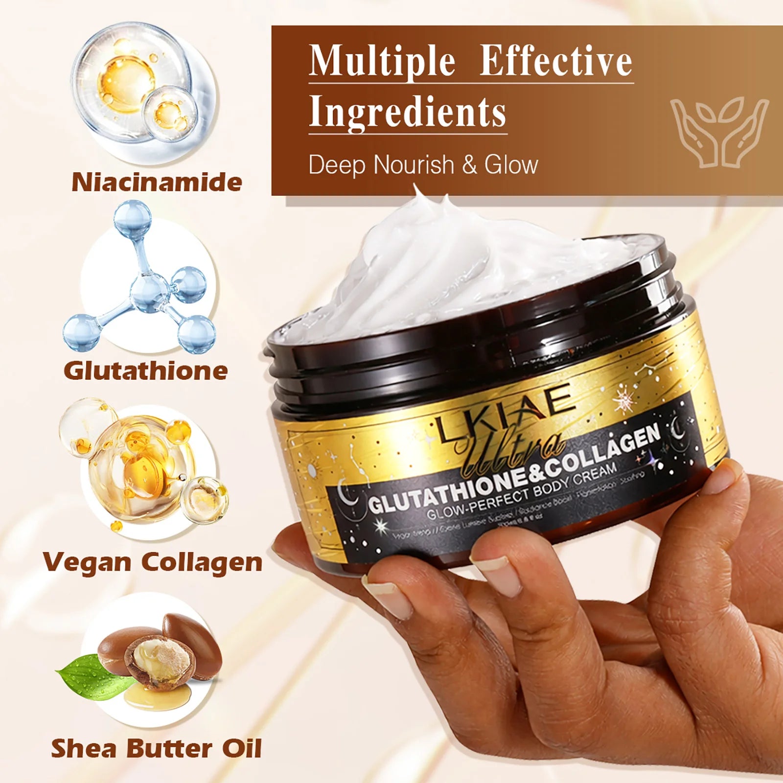 LKIAE Ultra Glutathione Collagen Skin Glowing Body Cream, 24-Hour Intense Hydration, Anti Hyperpigmentation, Brightening, 200ml