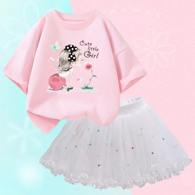 Fashion Summer Girls Outfits Pretty Ballet Dance Girl T-shirt and Tutu Skirt Set for Princess Clothes Suit Children Clothing