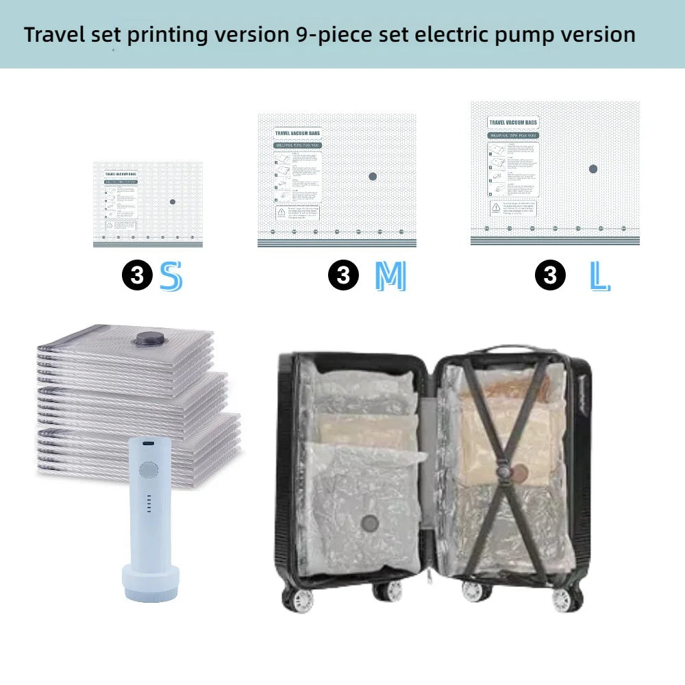 Travel Vacuum Seal Bags for Clothing W/Portable Electric Pump, 9-Pack Space Saver Compression Bags for Clothes, Luggage&Suitcase
