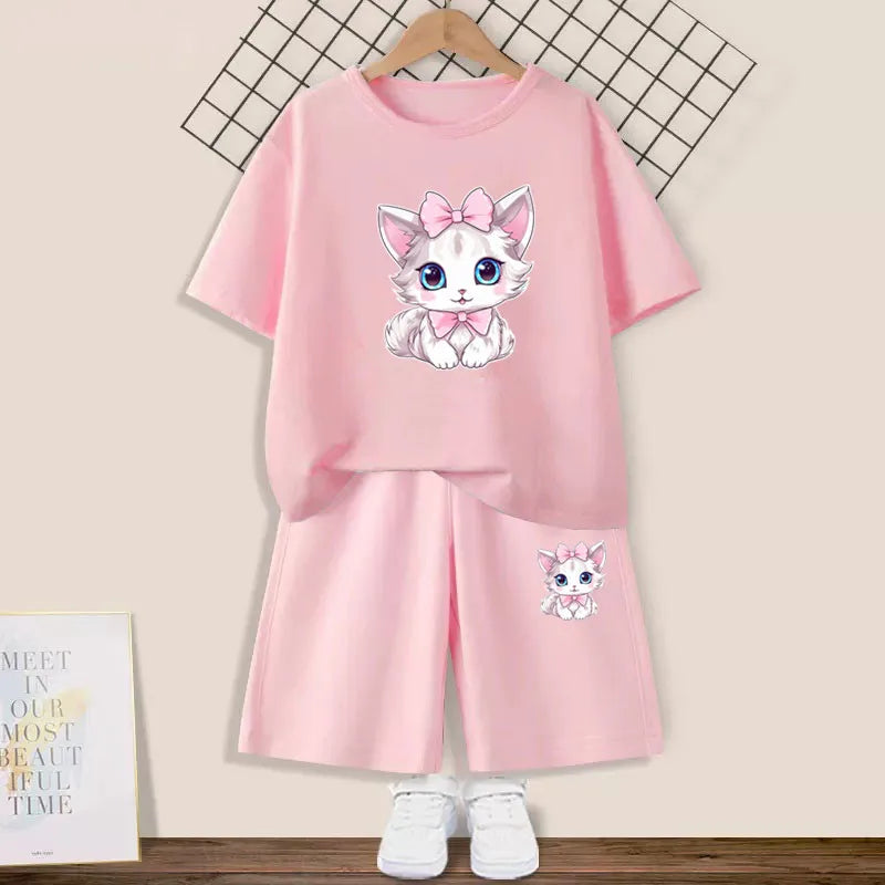 Girls Happy Cat Printed 2PC Outfit Set Summer Fashion Short Sleeve T-Shirt And Shorts Combo Cute Kids Clothing