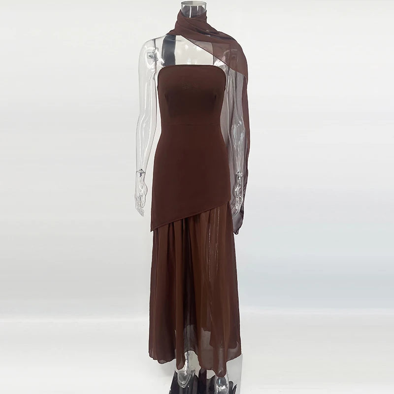 2025 New Strapless Dress With Ribbon Women's Elegant Sleeveless Mesh Beach Vacation Long Dress Spring Fashion Lady Dress