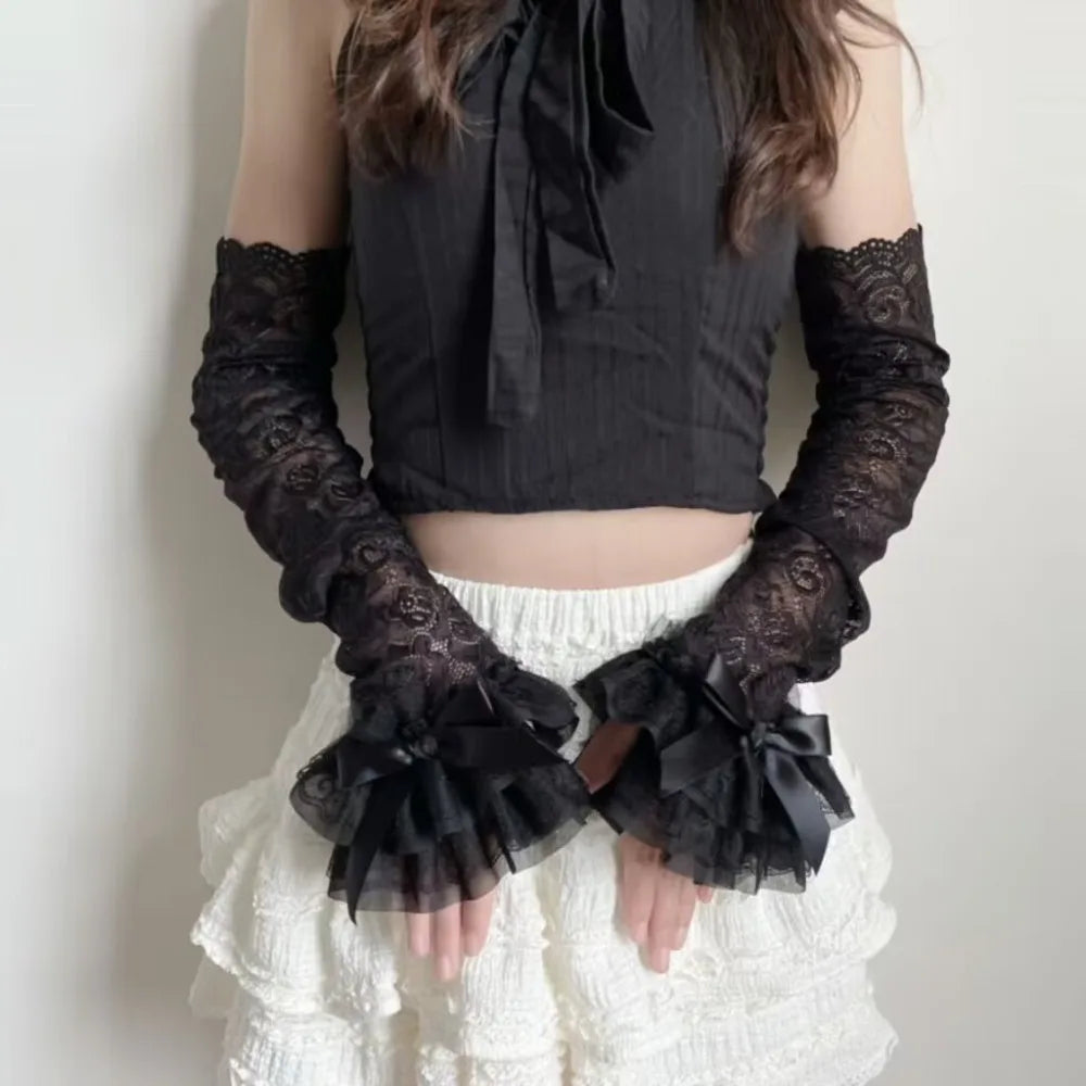 Graceful Lace Bowknot Womens Sleeve Sun Protection Hollow Out Lace Fingerless Gloves Y2K Bridal Wrist Gloves