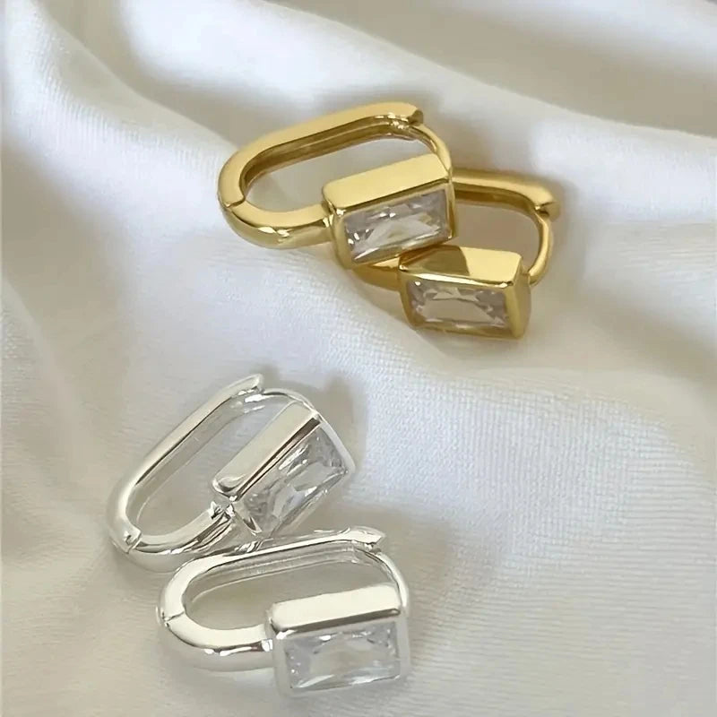 Huitan Fashion Contracted Rectangular Cubic Zirconia Hoop Earrings for Women Silver Color/Gold Color Temperament Jewelry