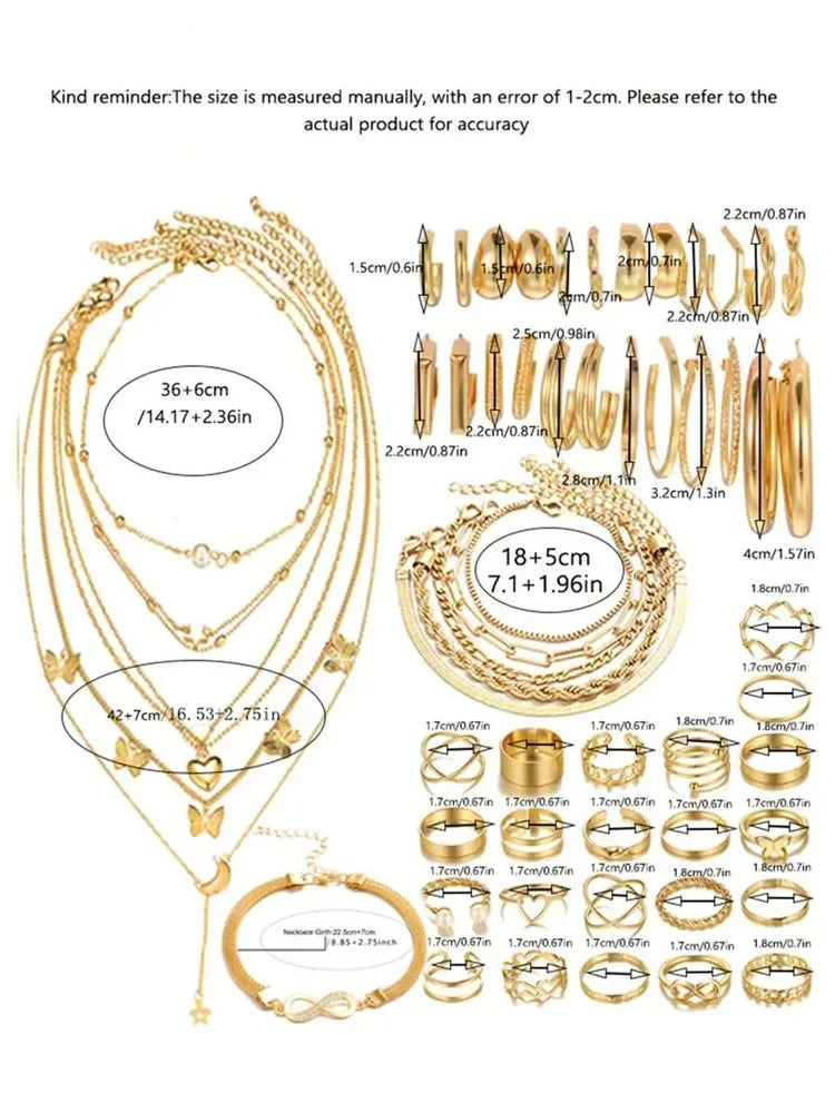 New 57 Pcs/Set Fashion Jewelry Sets For Women Metal Wide Face Earrings Necklaces Bracelets Ankles Rings Combinations Set Jewelry