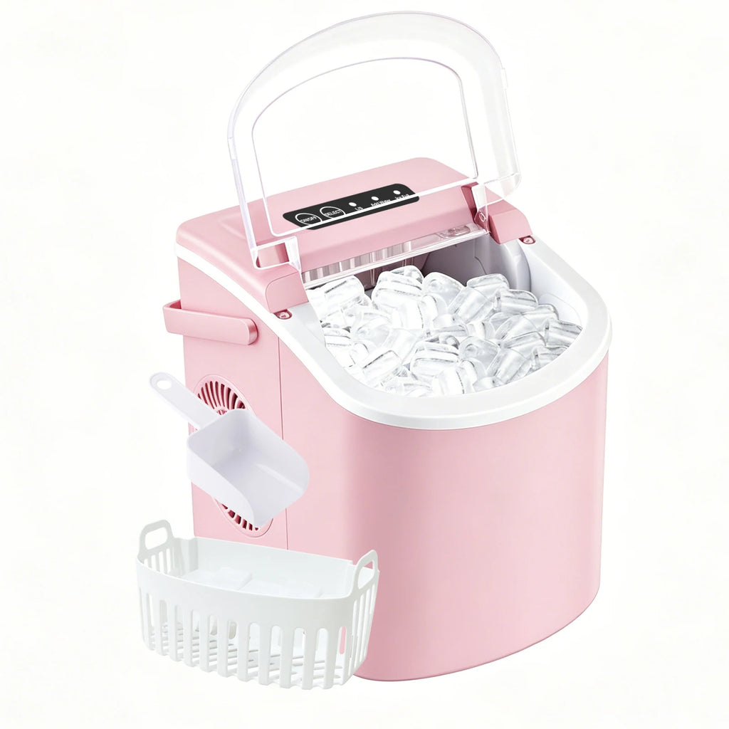 Portable countertop ice maker with a handle, produces 29 pounds of ice in 24 hours and 9 ice cubes in 6 minutes; comes with a ba