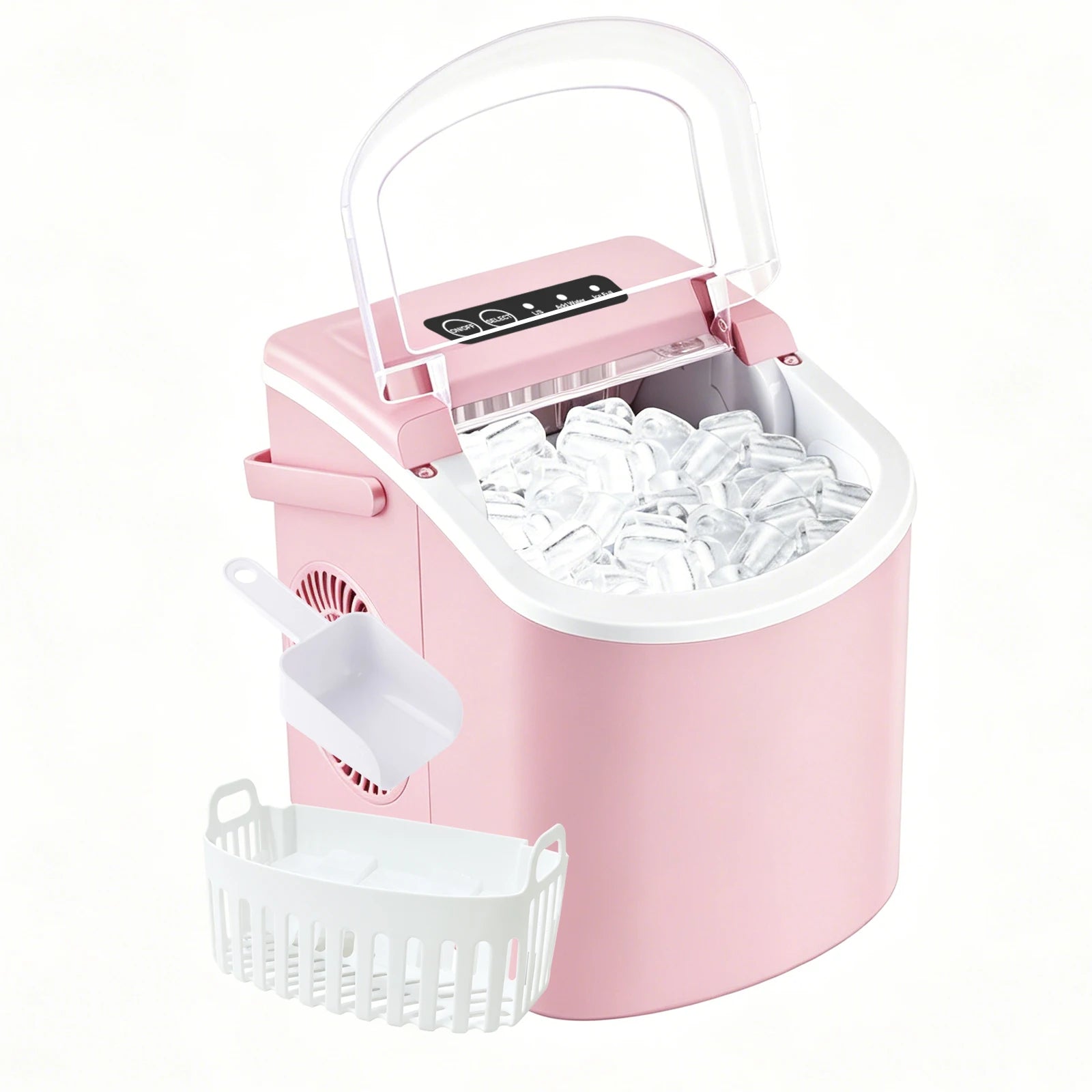 Portable countertop ice maker with a handle, produces 29 pounds of ice in 24 hours and 9 ice cubes in 6 minutes; comes with a ba