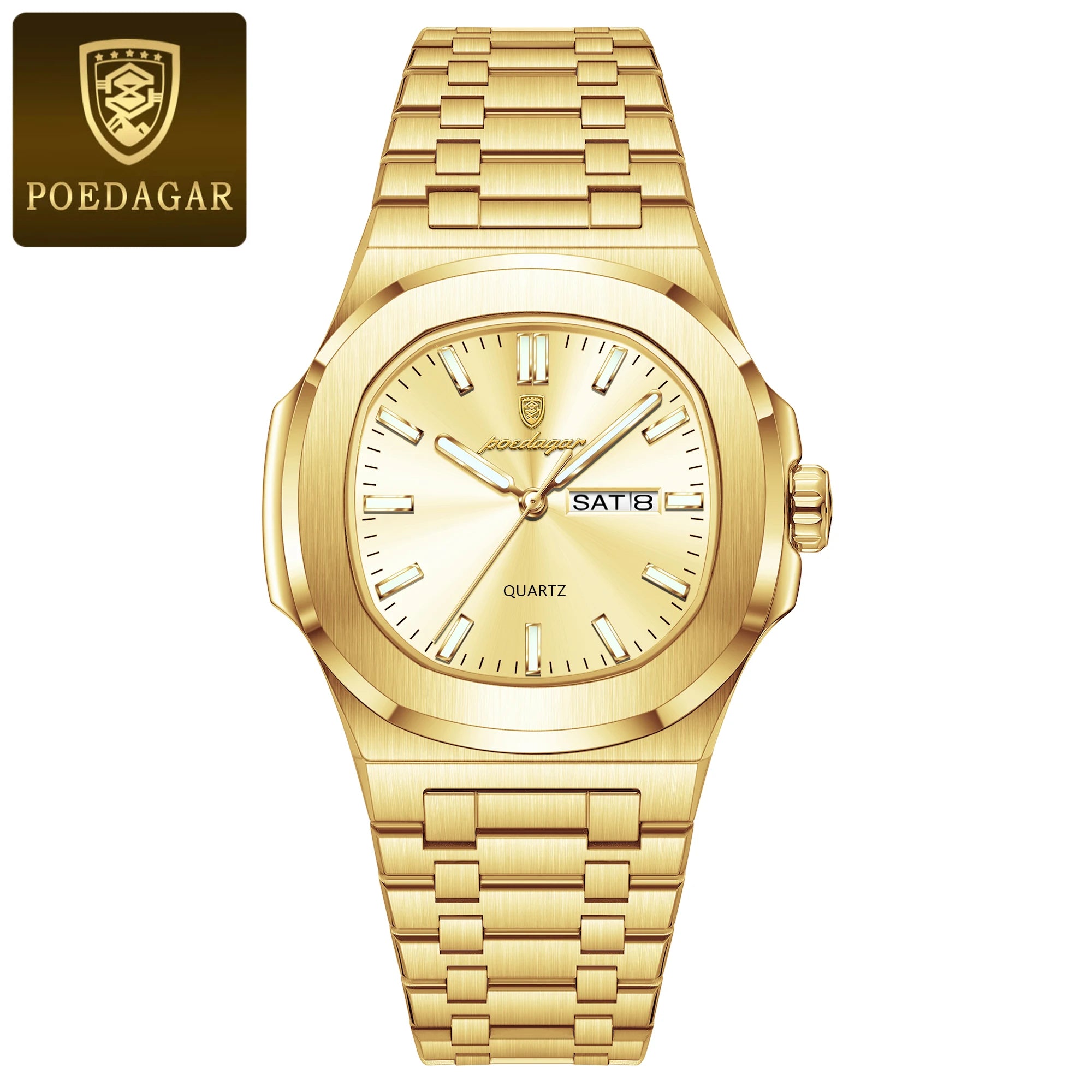 POEDAGAR Luxury Square Men's Watches Waterproof Luminous Date Week Men Watch Stainless Steel Fashion Quartz Man Wristwatch Reloj