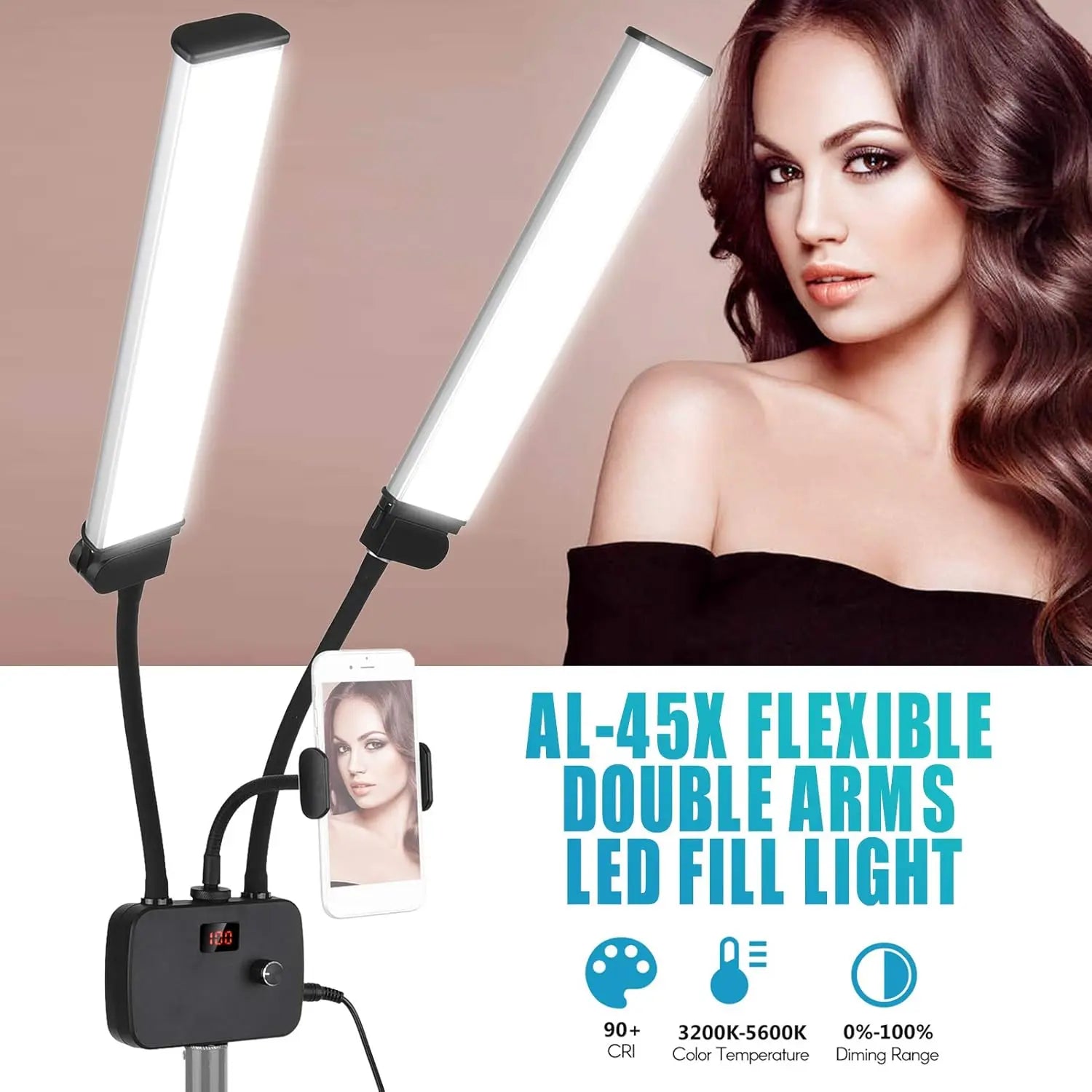 Flexible Double Arms LED Fill Light Bi-Color Dimmable Beauty LED Video Lights  3 Light Modes with Phone Holder for Live Stream