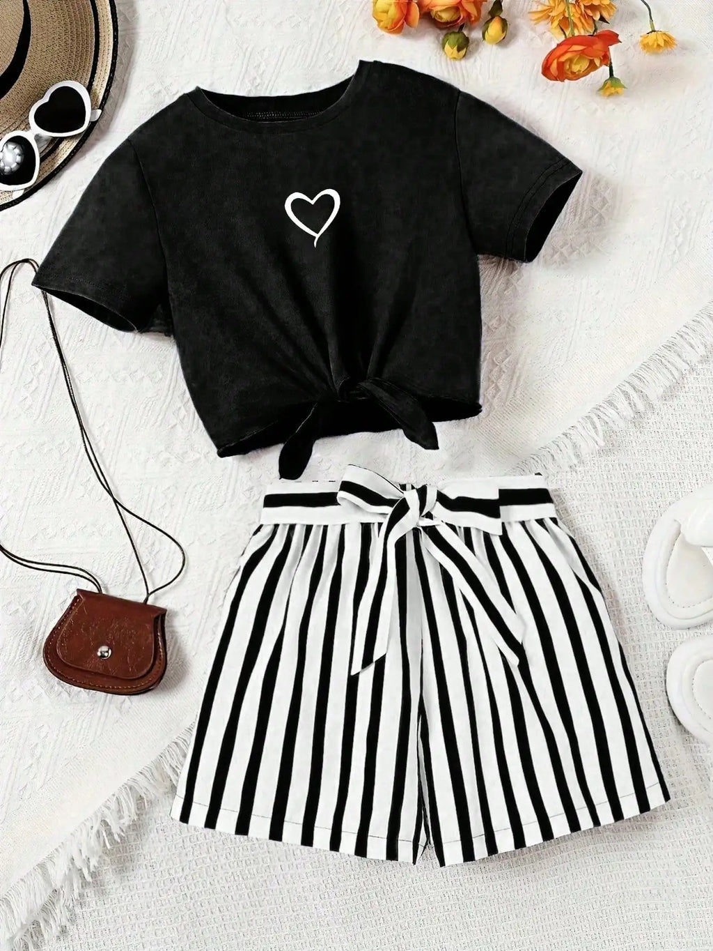 Women's Casual Daily Short-Sleeved Love Printed+Striped Printed Shorts 2-Piece Set with Random Belt Striped Children's Clothing