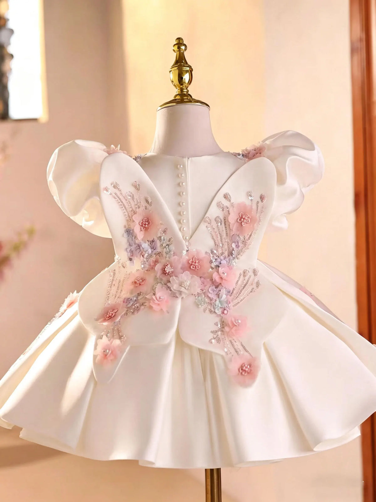 Jill Wish J892 White Girls Dress 3D Flowers Puff Sleeve Kids Wedding Dress Sequin Embroidery Birthday Party Gown with Headband