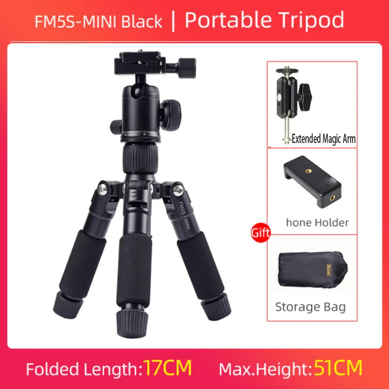 FM5S Portable Tripode Lightweight Travel Stand Tabletop Video Mini Tripod with 360 Degree Ball Head for Camera DSLR SLR
