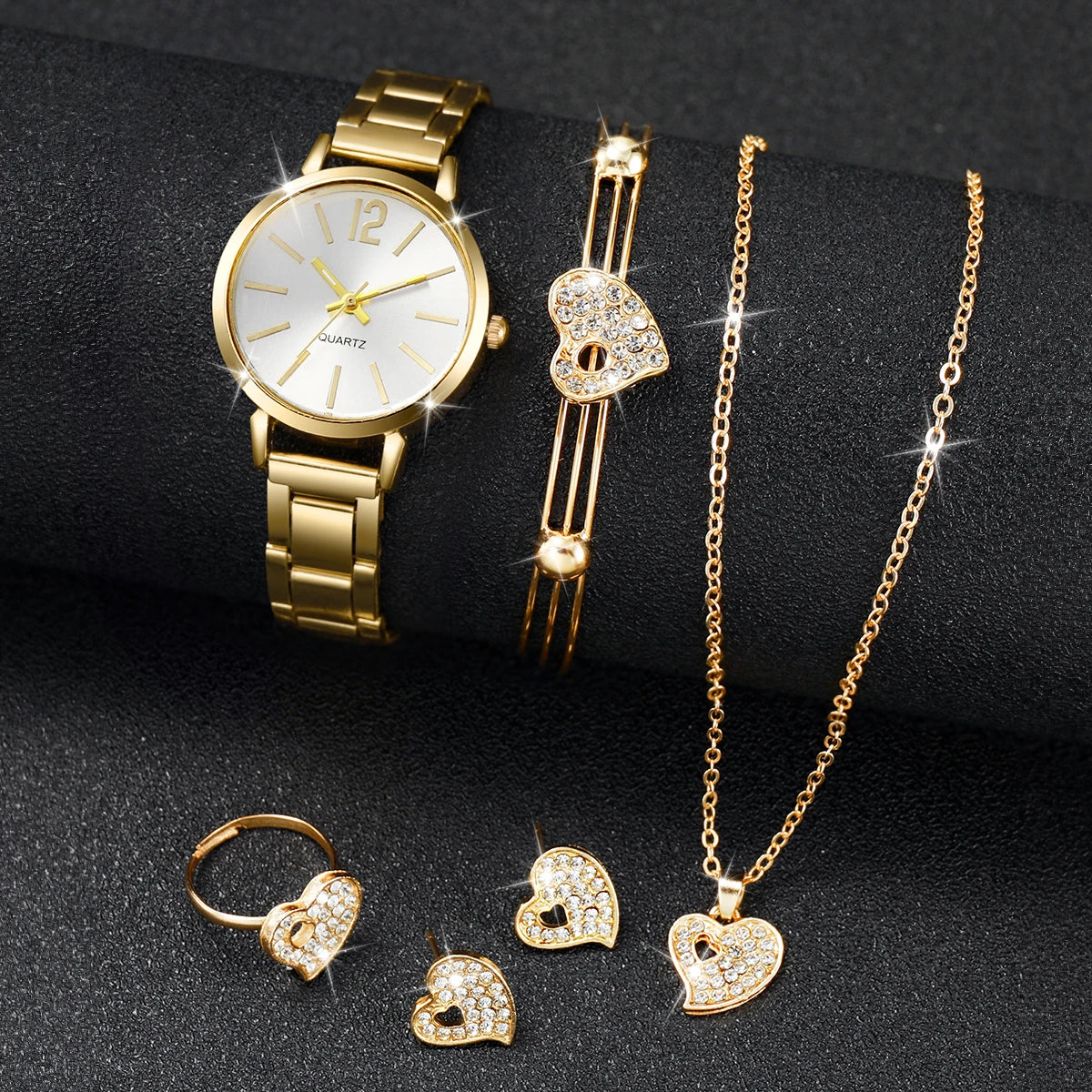 6PCS/Set Women's Watch Fashion Gold Steel Band Arabic Dial Quartz Watches Heart Jewelry Set（Without Box）