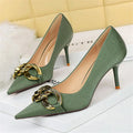 Women 7.5cm 9.5cm High Heels Escarpins Pumps Lady Metal Chain Low Heels Fetish Nightclub Slim Fit Party Green Office Prom Shoes