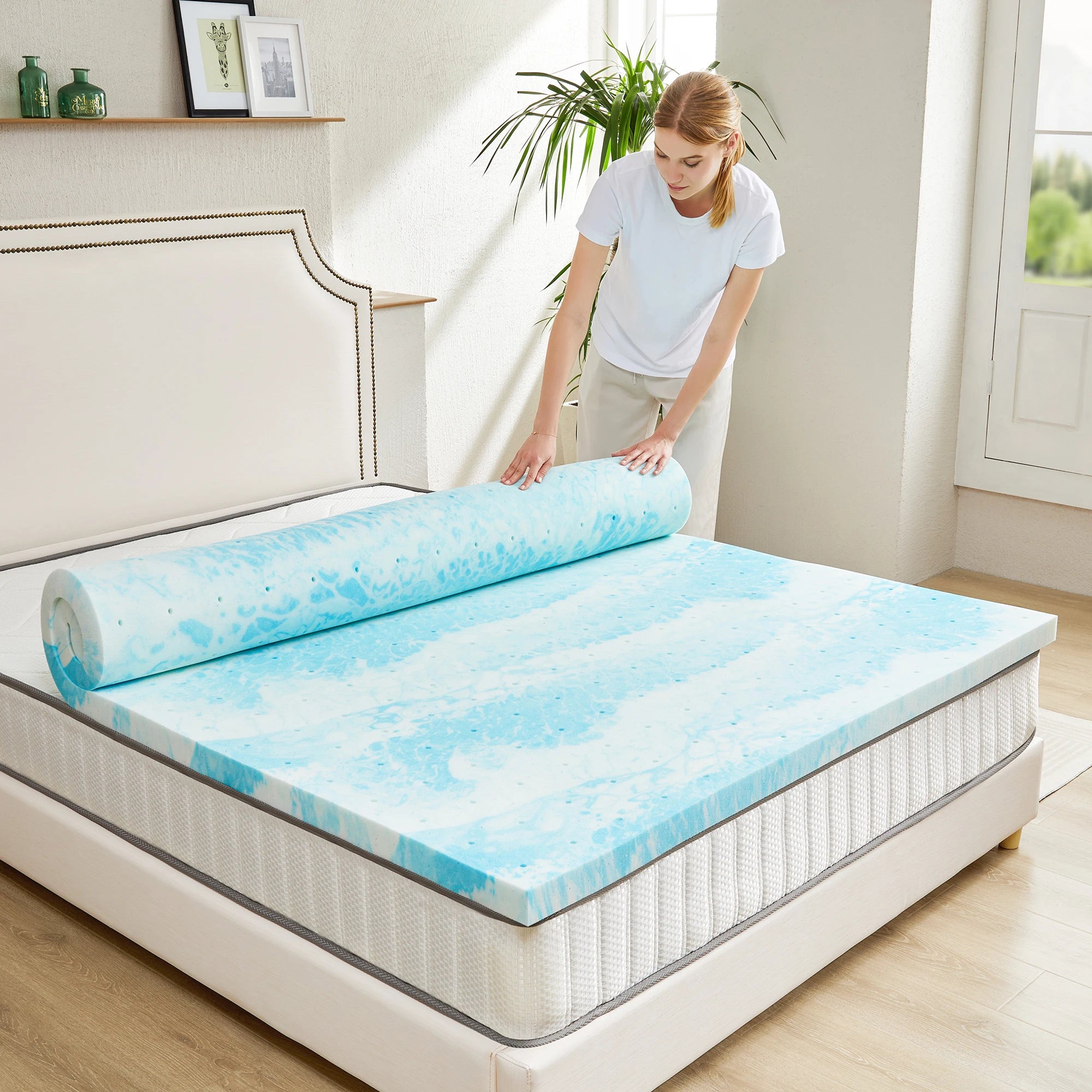 JHK 2 Inch Gel Memory Foam Mattress Topper Full Size Cooling Mattress Soft and Breathable Bed Topper School Bedroom Furniture